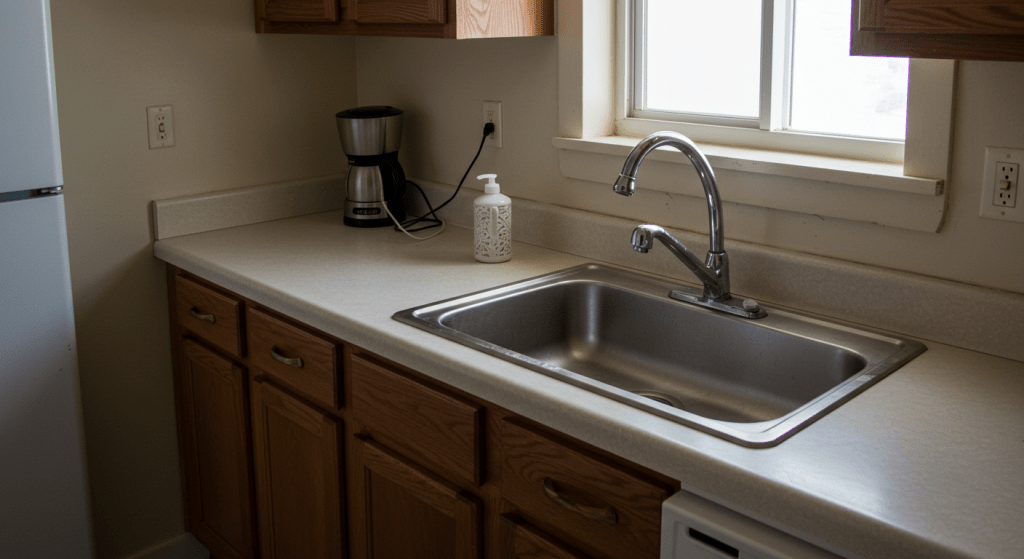 주방 싱크대와 커피 머신이 있는 주방의 모습.동작구하수구막힘